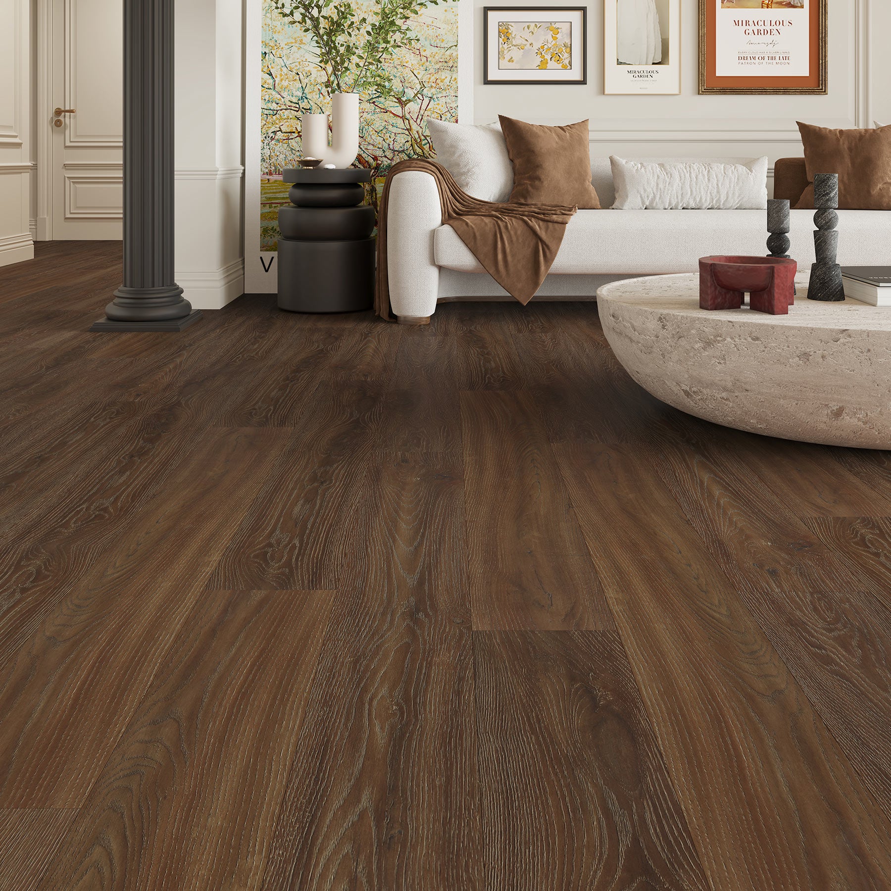 Warm brown laminate flooring creates a beautiful contrast with white walls and sofa